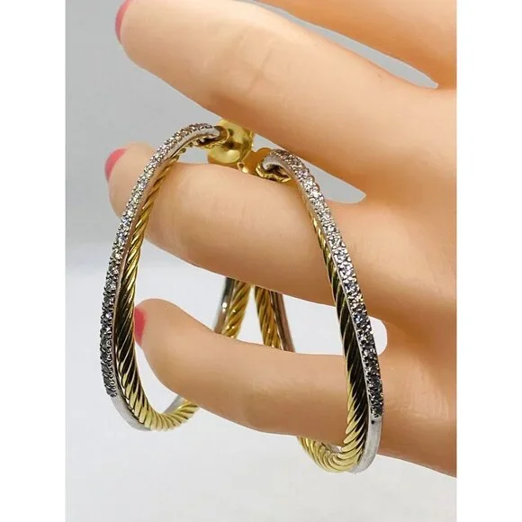 SOD!!! David Yurman 18K Yellow White Gold Diamond 47mm Crossover Hoop Earrings - Picture 2 of 14